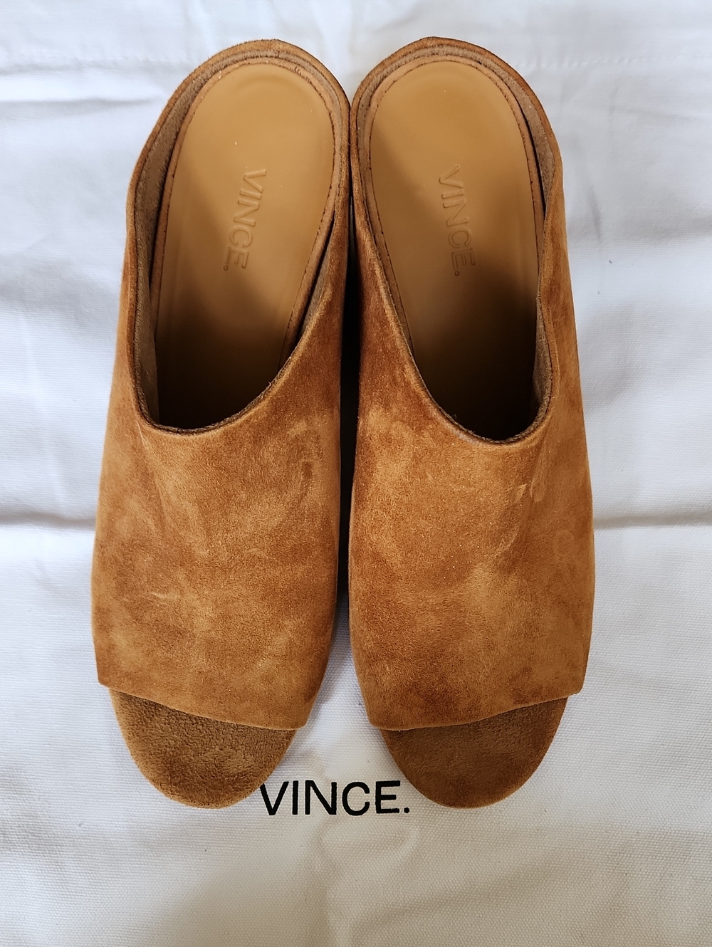 Vince Suede Slide Mules in Cognac Brown With Original Dust Bag